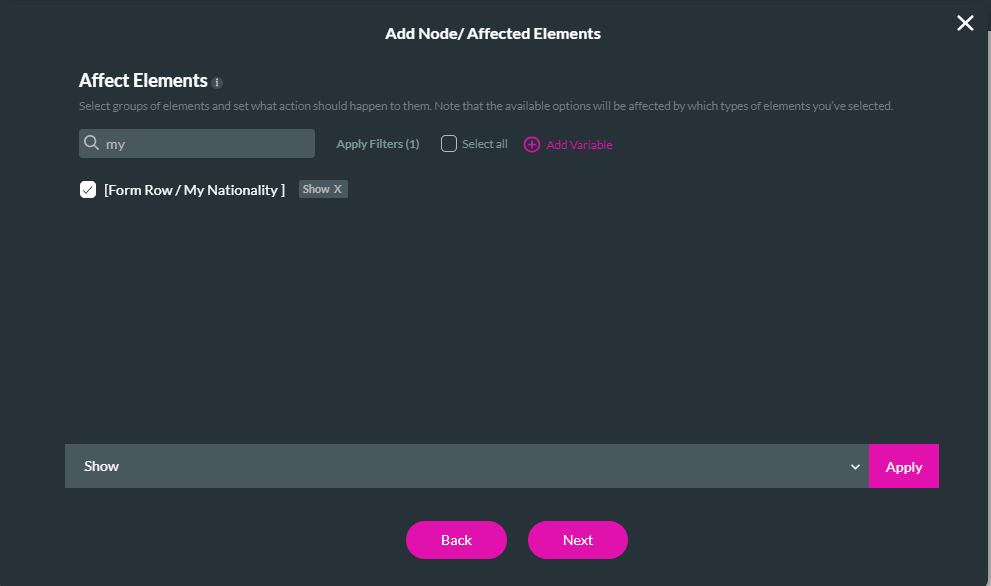 Screenshot of add node affected elements configuration 