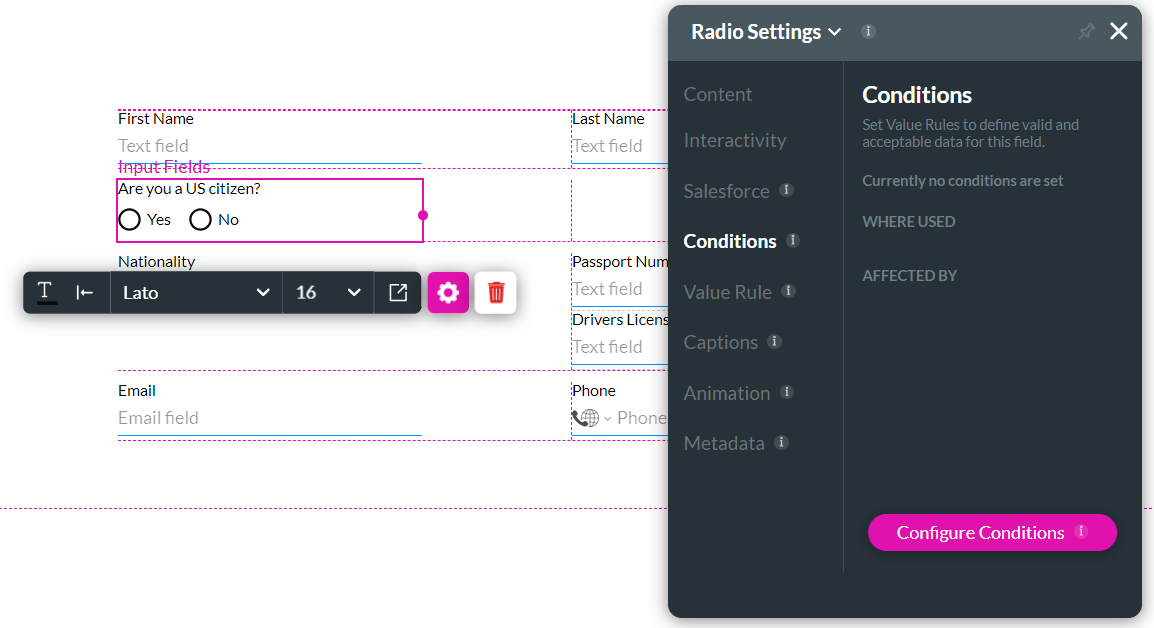 Screenshot of the Radio Settings menu showing the conditions tab 