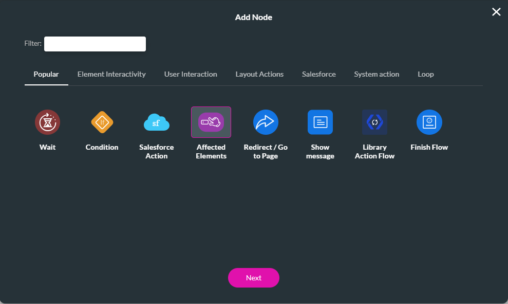 Screenshot of Add Node window with Affected Elements node highlighted 