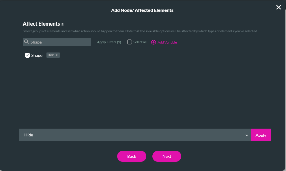 Screenshot of Add Node Affected Elements configuration 