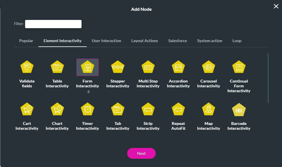 Screenshot of Add Node window with Form Interactivity node selected 