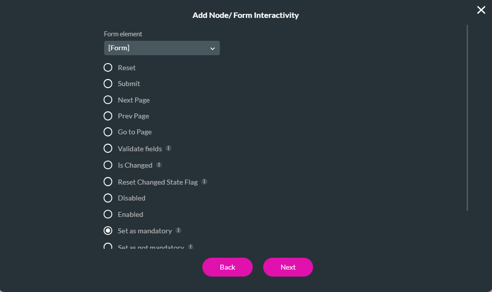 Screenshot of Add Node Form Interactivity configuration showing how to make a form mandatory 