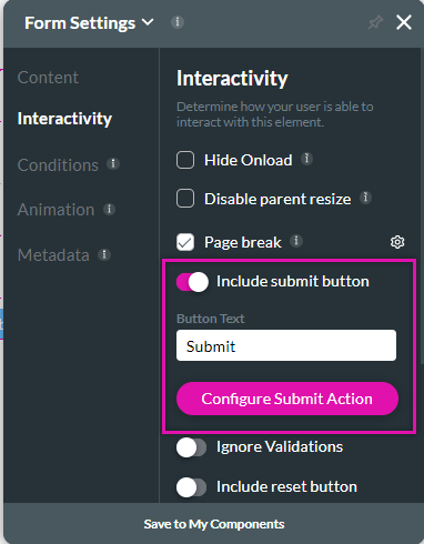 Screenshot form settings menu showing interactivity tab 