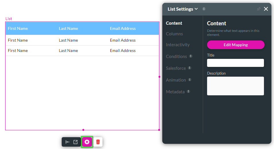 list table element settings 