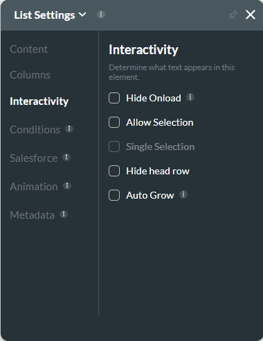 interactivity tab for list table 