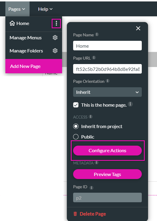 pages drop down > kebab menu > configure actions button 