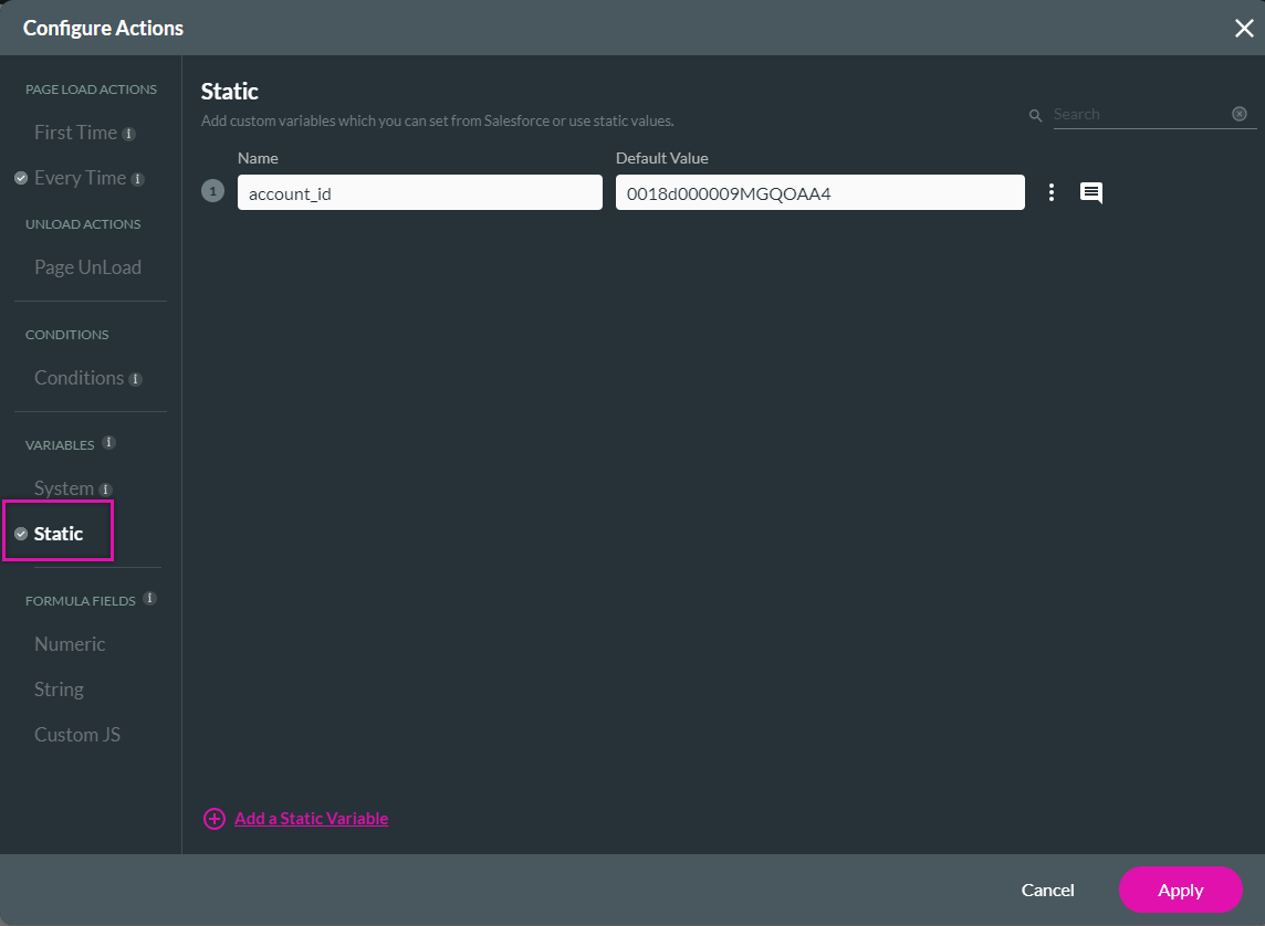 configure actions > static variable 