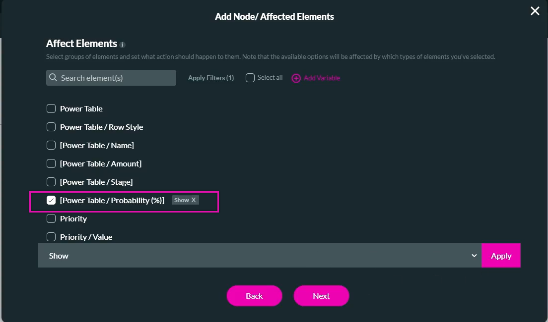 show affected element config 