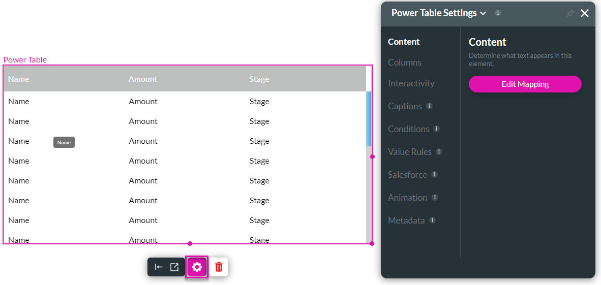 power table settings 