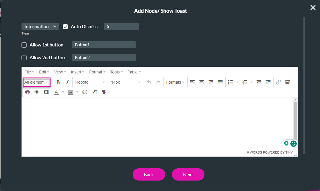 element drop-down on configure toast screen 