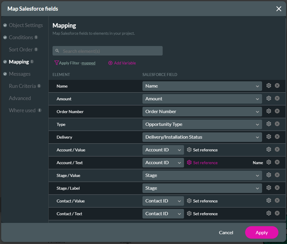 map salesforce fields > mapping tab 