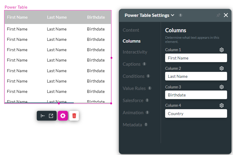 power table settings > column tab 