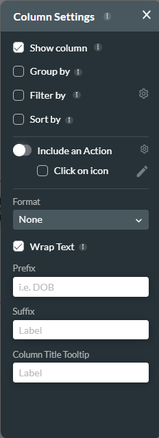 Column settings menu 