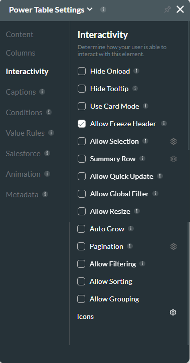 power table settings > interactivity tab 