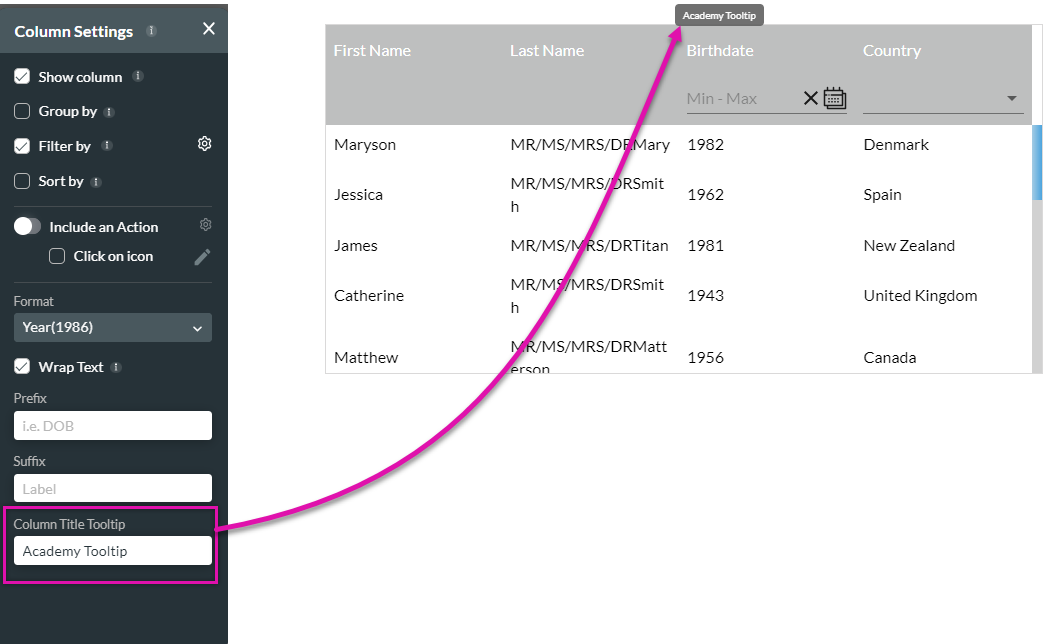 column tool tip 