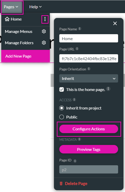 pages dropdown > page kebab > configure actions 