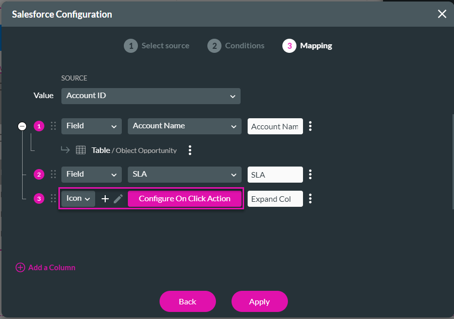 salesforce configuration > configure on click action for icon 