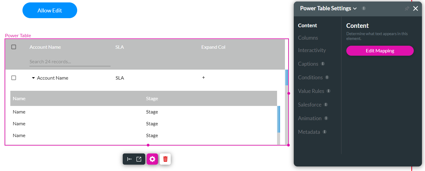 power table settings > content tab > edit mapping 