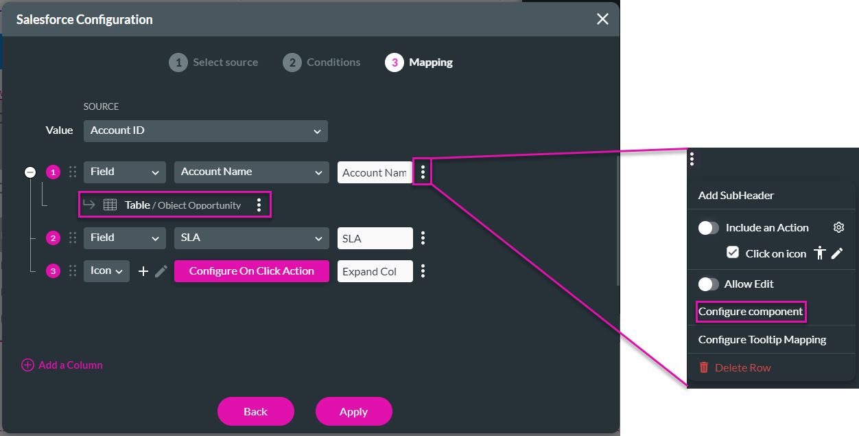 salesforce configuration > mapping > field kebab menu 