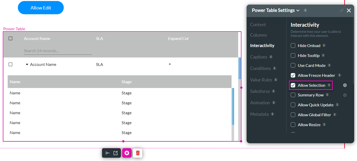 power table settings > interactivity > allow selection 