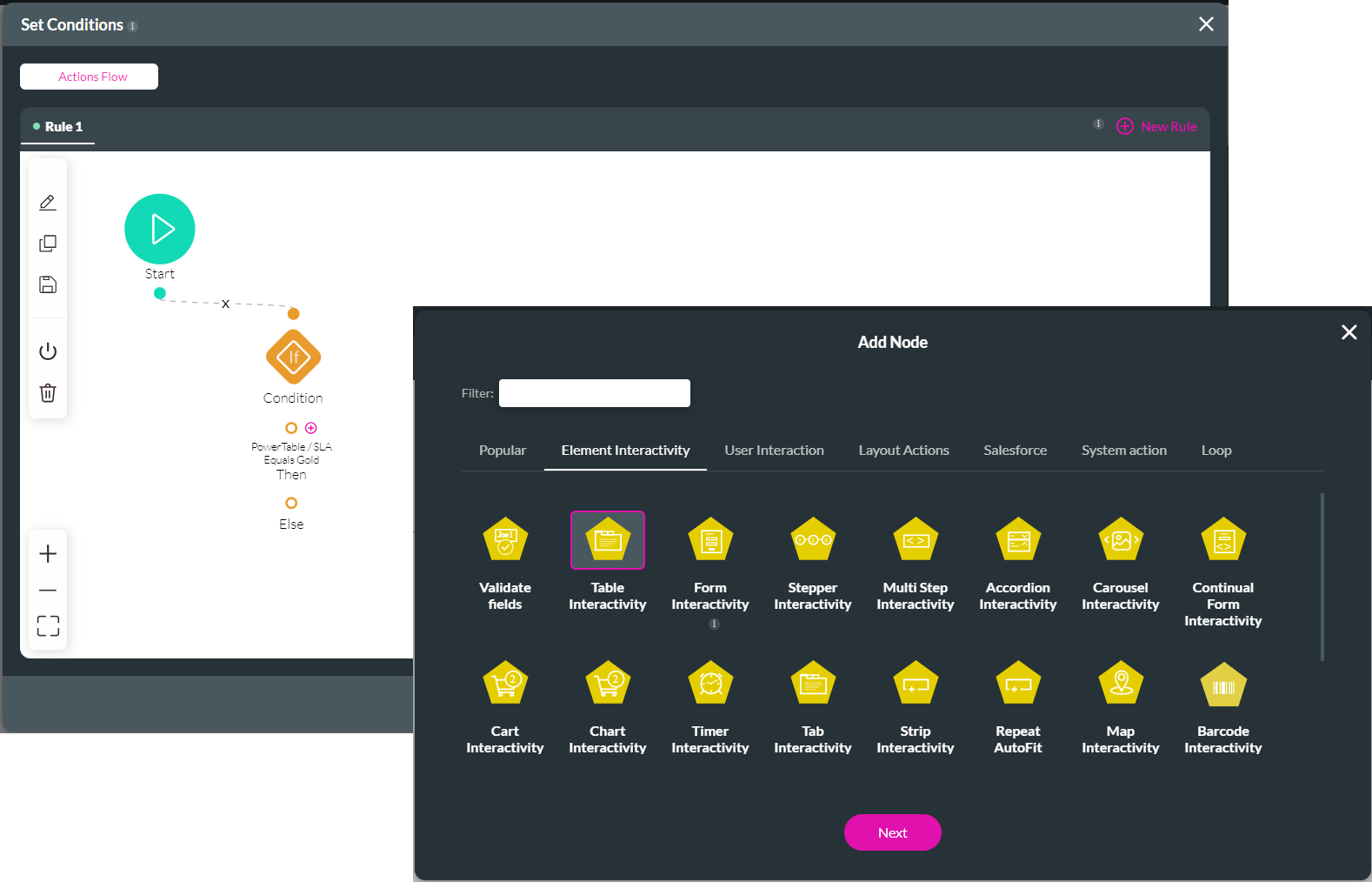 condition plus icon > add node > table interactivity