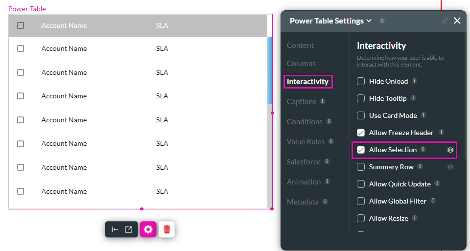 allow selection function enabled 