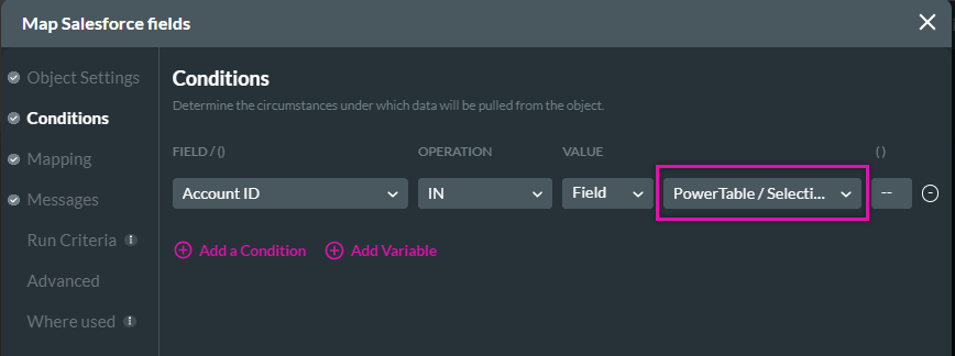 map salesforce fields > conditions tab 