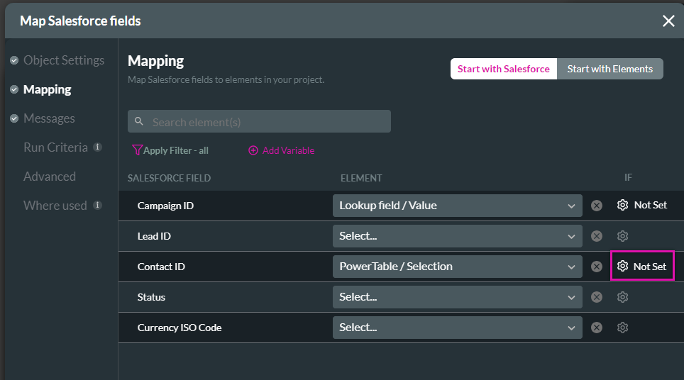 map salesforce fields > mapping tab > gear icon 