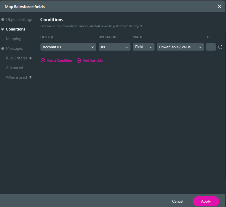 map salesforce fields > conditions tab 