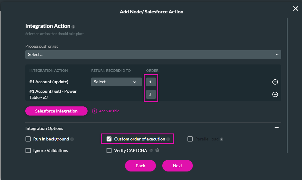 add node > salesforce action > integration action 