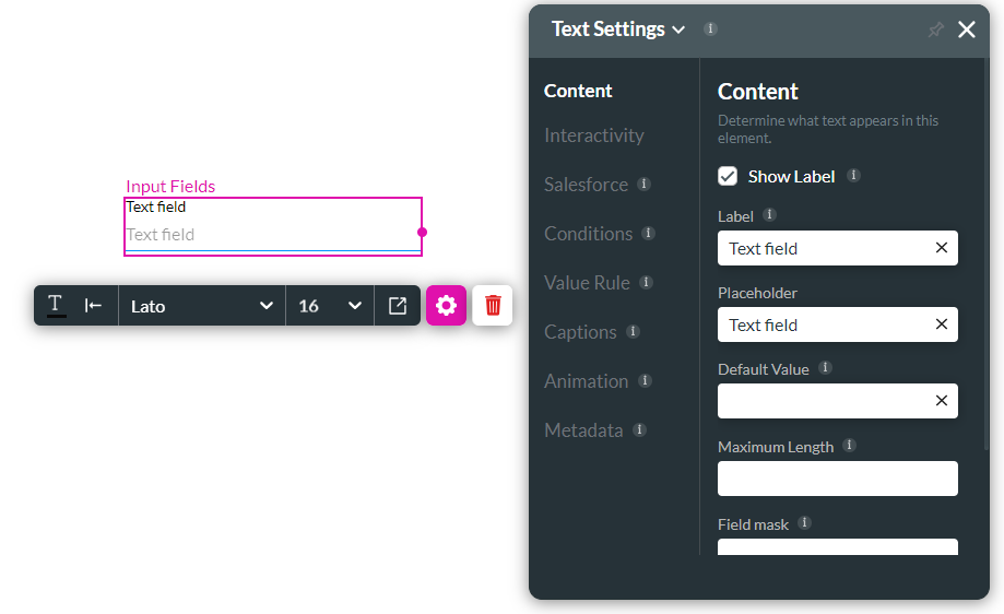 text settings menu 