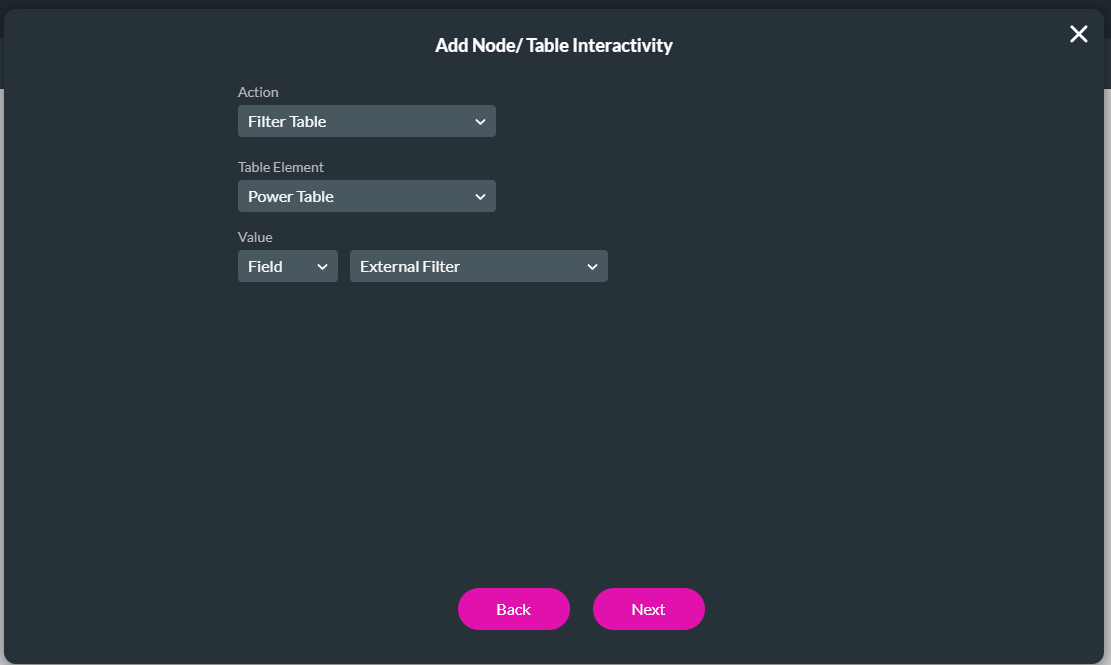 add node > table interactivity > configure actions 