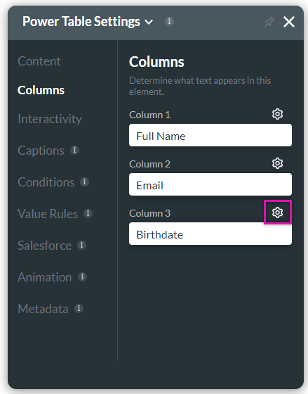 power table settings > column gear icon 