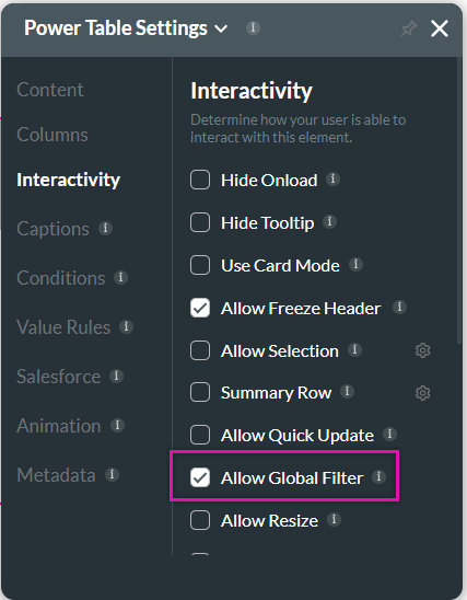 power table settings > allow global filter 