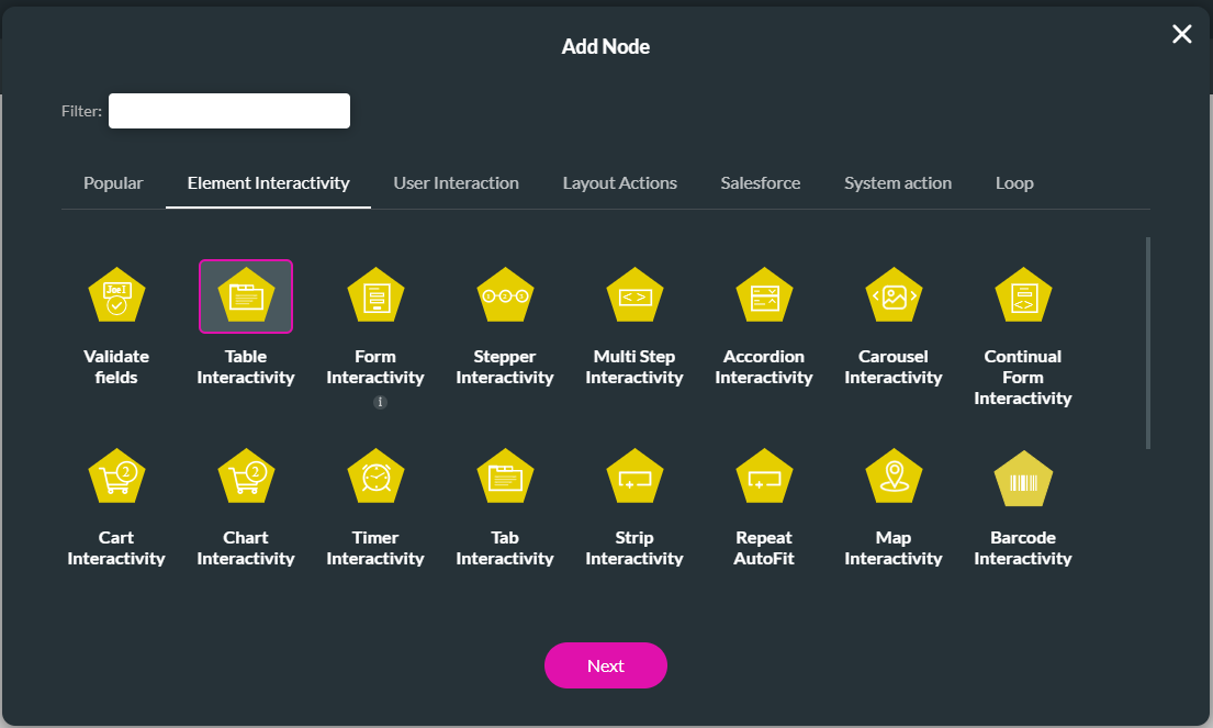 table interactivity node  