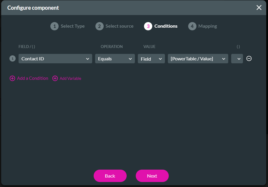 configure component > conditions 