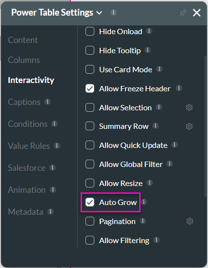 power table settings > interactivity > auto grow 