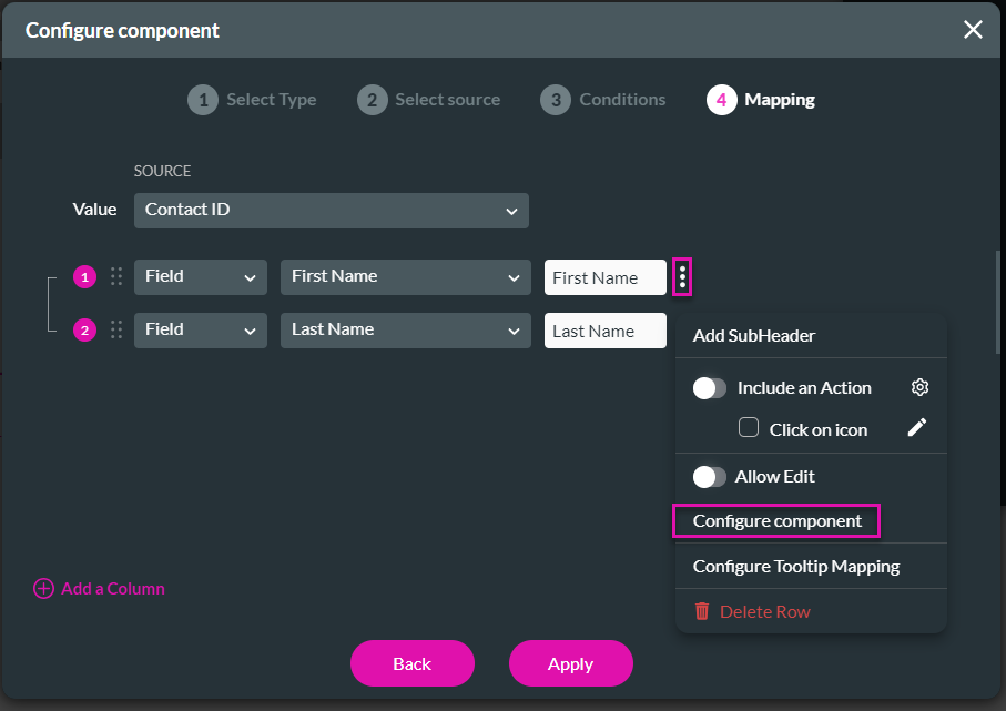 configure component > mapping 