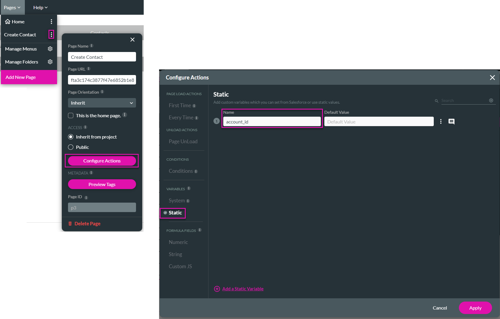 pages > kebab menu > configure actions 