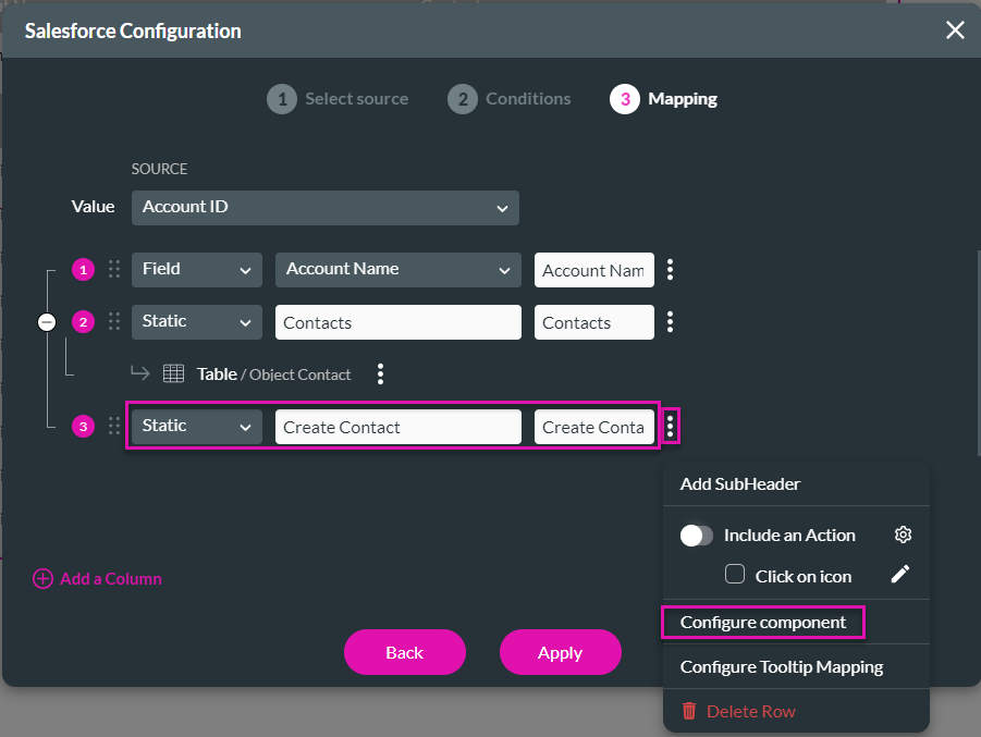 salesforce configuration > mapping > kebab menu > configure component 