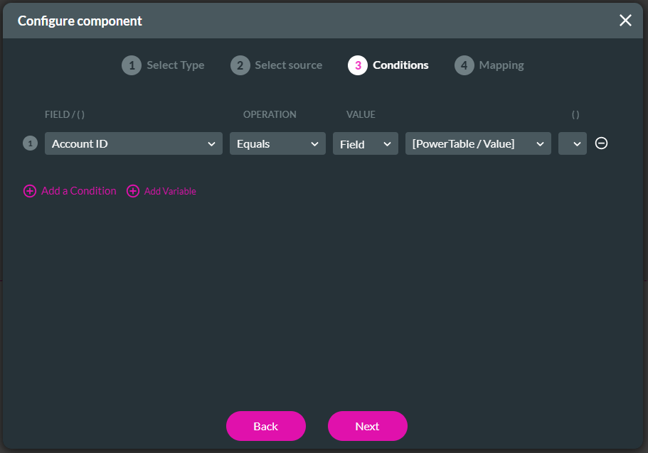 configure component > conditions 