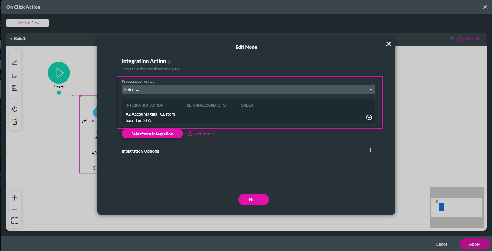 choose integration action 