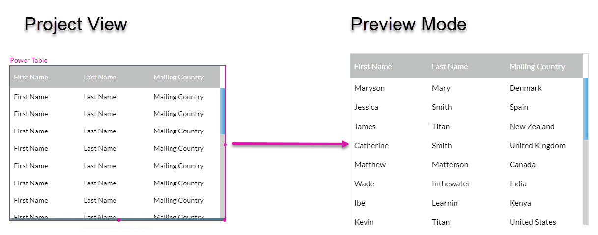 project vs preview mode for power table 